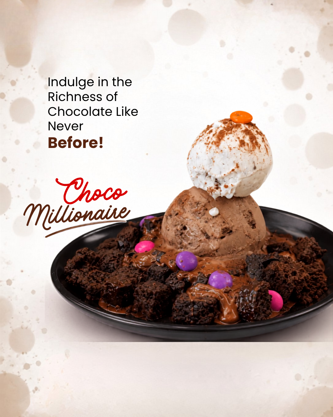Choco Millionaire — DN Creamery loaded chocolate brownie sundae with ice cream and chocolate drizzle
