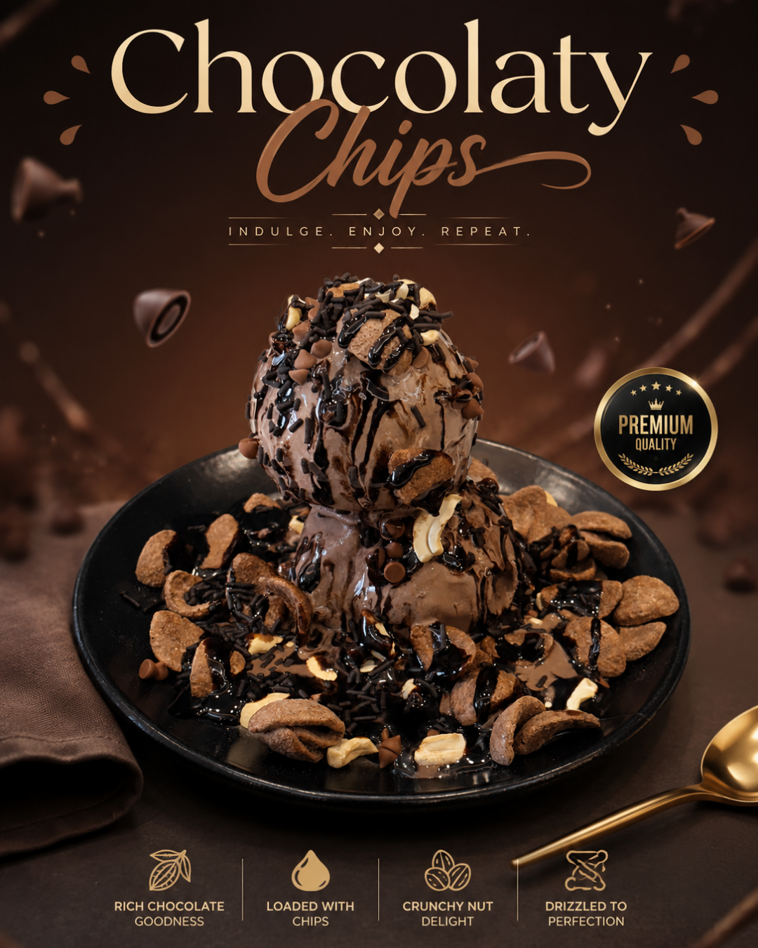 Chocolaty Chips premium presentation — DN Creamery chocolate ice cream with nuts and chocolate sauce