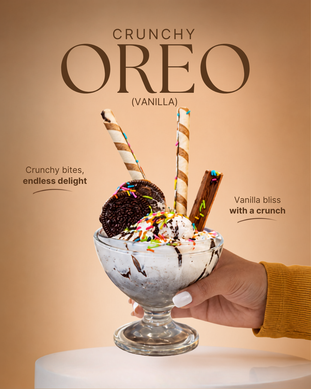 Crunchy Oreo Vanilla — DN Creamery vanilla ice cream sundae with Oreo cookies and wafer sticks