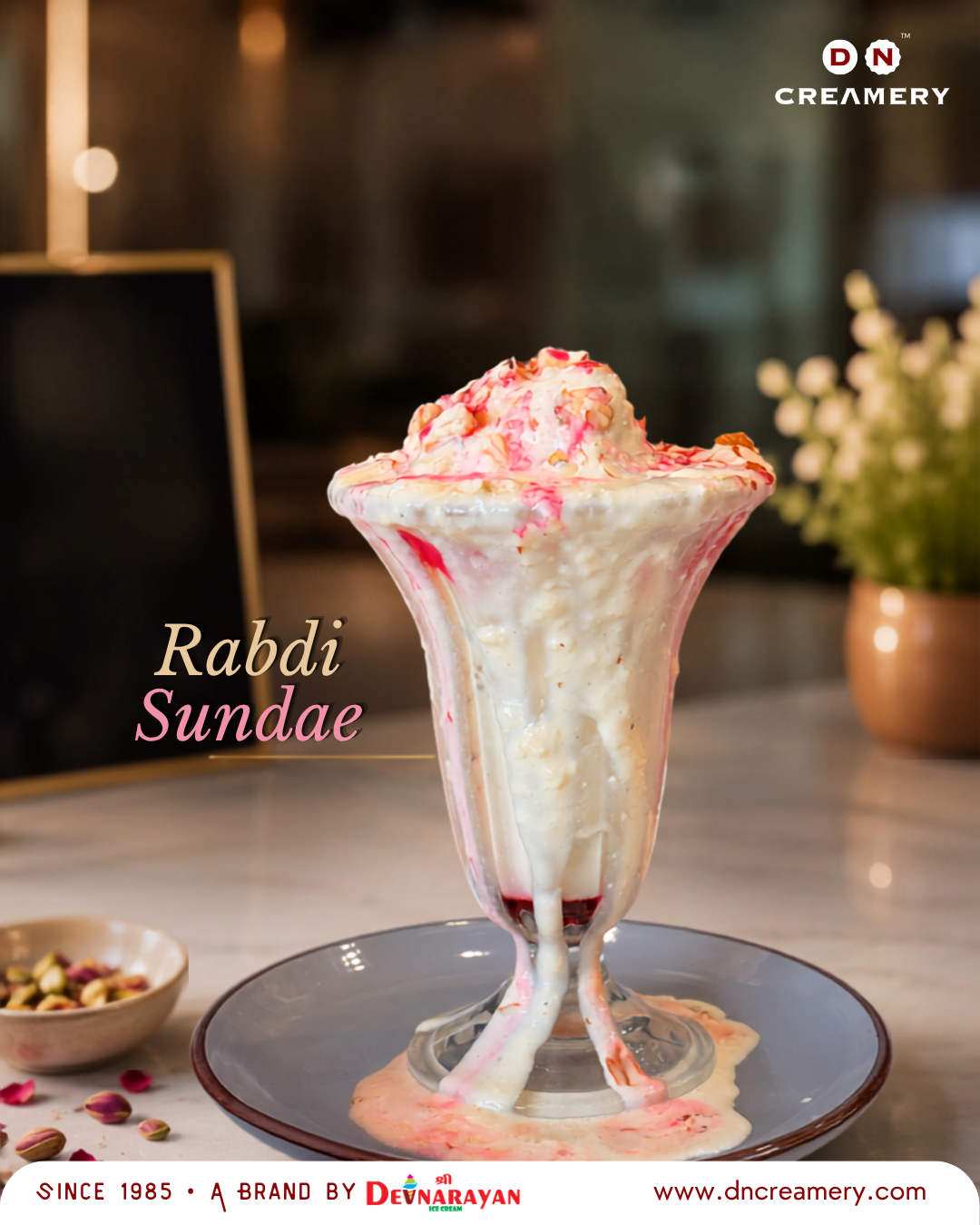 Rabdi Sundae — DN Creamery rabdi ice cream sundae topped with rose and pistachio